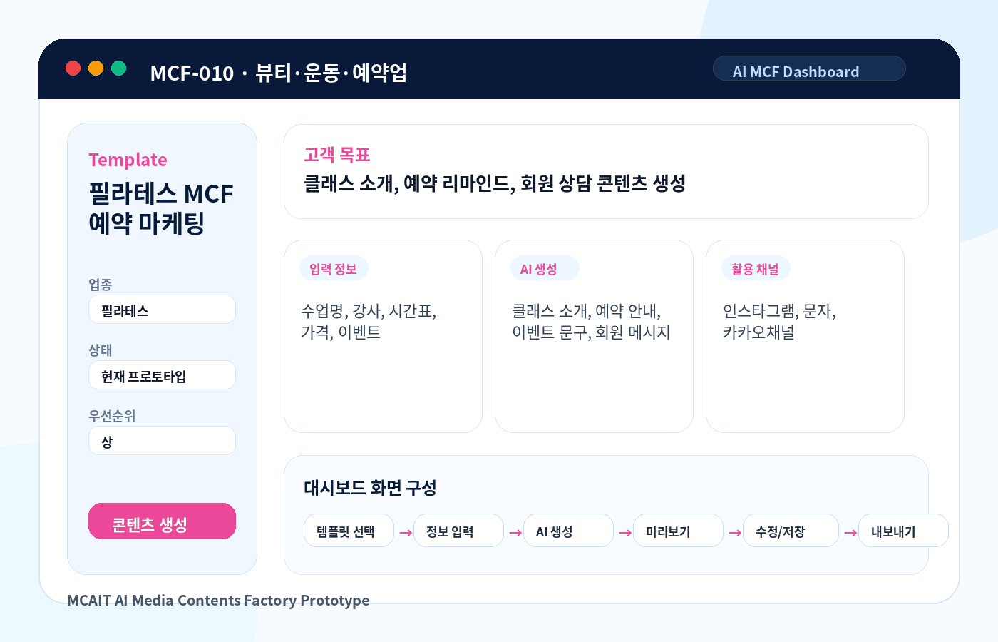 필라테스 MCF 예약 마케팅 AI MCF 프로토타입 이미지