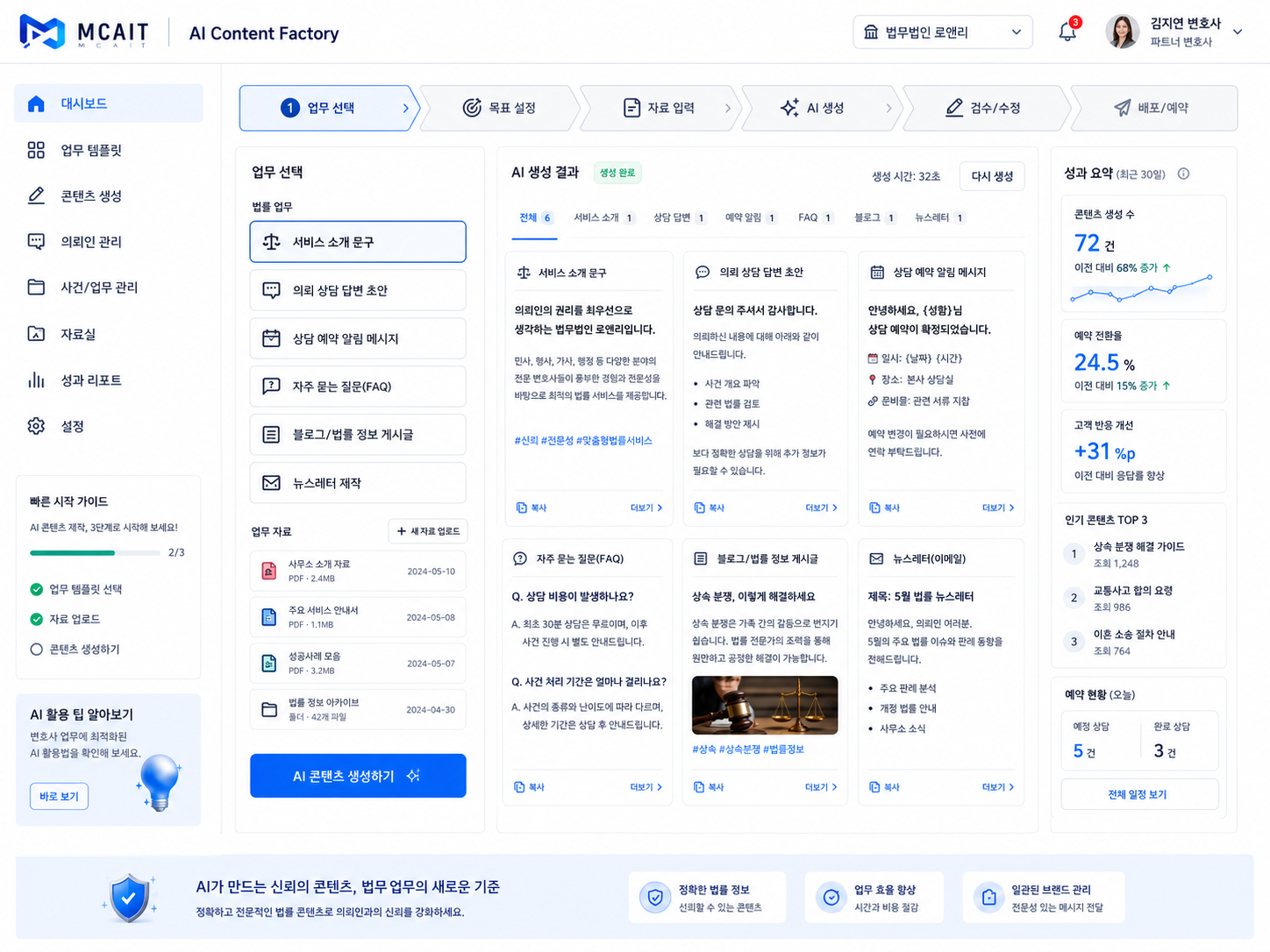 법률 · 법무 사무소 업종용 MCAIT AI 콘텐츠 대시보드 프로토타입 화면